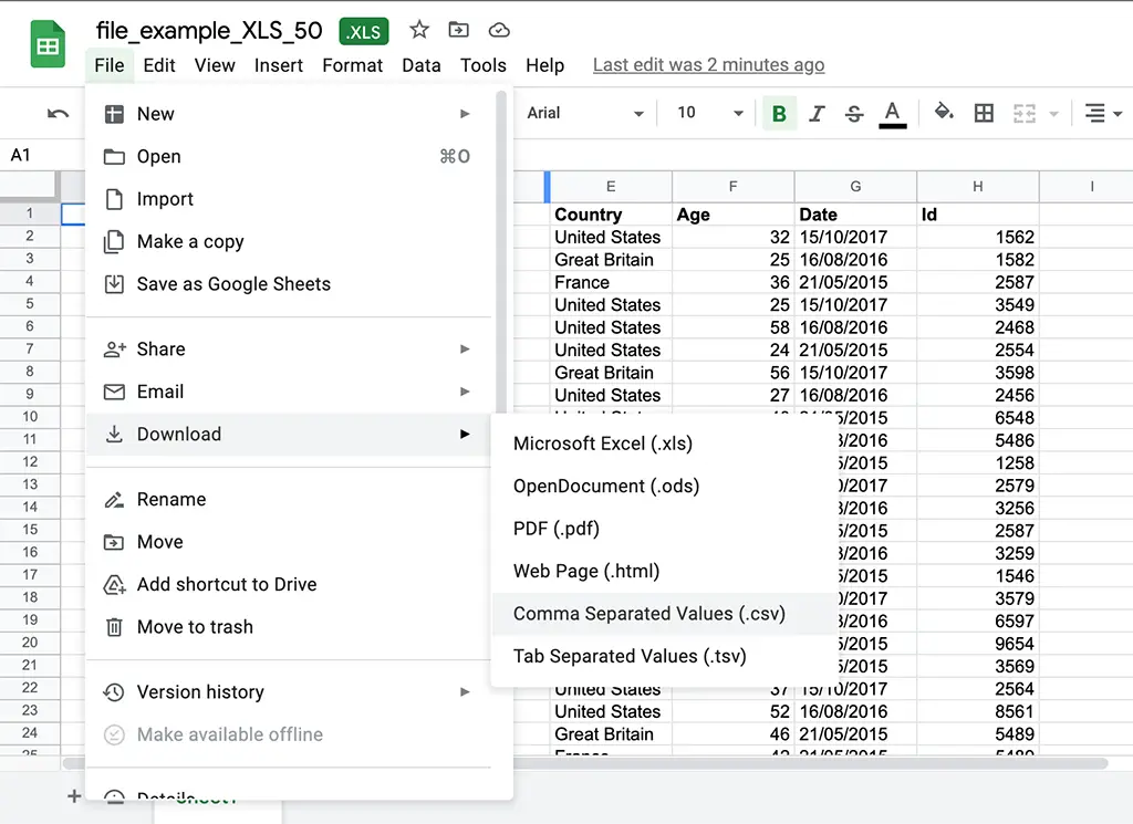How to convert xls in google to csv